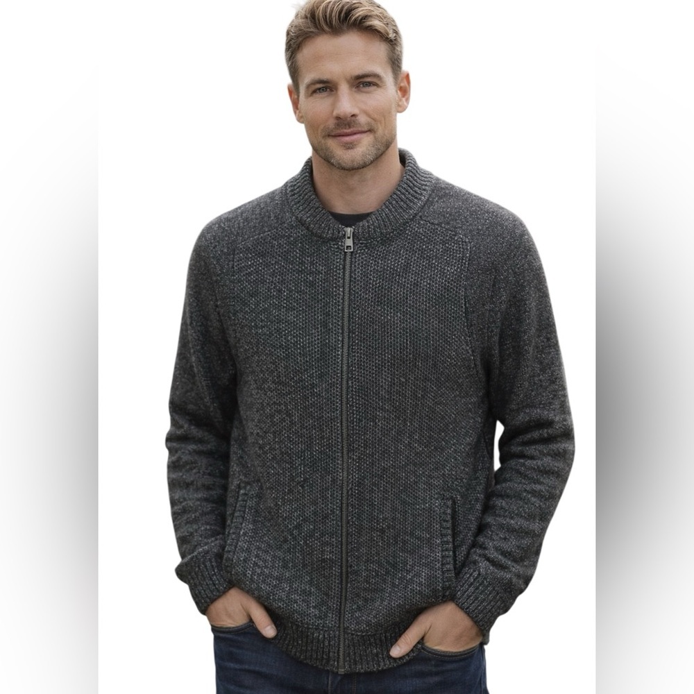 A-Frame Men's Classic Charcoal Full Zip Cotton Blend Sweater, Pockets, S